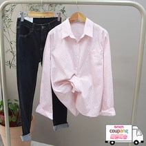 모조로브 / 쿠팡ONLY빠른배송) (국내)루즈핏 하트자수 구김제로 스트라이프셔츠