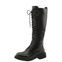 워커 끈 통굽 플랫 롱부츠