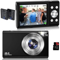Animdreti 디지털 카메라 자동 초점 2.7K 동영상 블로깅 HD 48MP 16X 줌 32G 메모리 카드 배터리 2개 어린이 청소년 성인 초보자를 위한 YouTube 휴대용, dark black