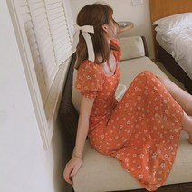 트위드 겨울 니트 원피스 드레스 여성 캐주얼 중순 송아지 우아한 프랑스어 스퀘어 칼라 달콤한 퍼프 슬리브 요정 복부 높은 슬릿 오렌지 꽃 빈티지