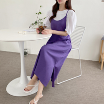 [파인스토리]린넨 끈 멜빵 뷔스티에 뒷리본 롱 원피스