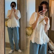 SJW 여성 반팔 블라우스 라운드 무지 펀칭 퍼프 루즈핏 셔츠 남방 상의 봄 여름 빅사이즈