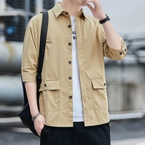 Momolatti 남성용 칠부 소매 오버핏 베이직 카라 셔츠