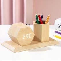 크리 에이 티브 홈 책상 시계 LED 나무 펜 홀더 시계 간단한 사무실 선물 빛나는 음소거 전자 시계, 시라키+빨간불