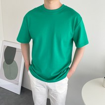 남자 워싱 코튼 오버핏 스판 무지 라운드 반팔 티셔츠