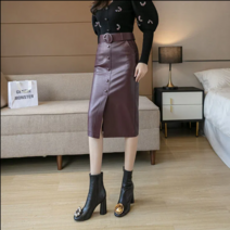 카키 색깔 트임 절개 슬릿 가죽 치마 스커트 하프기장 여성 겨울 가을 하이웨이스트 날씬해 보이고 싱글 버튼 힙랩 원스텝