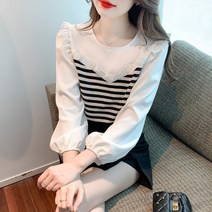 걸즈데이 리즈 스트라이프 배색 쉬폰 블라우스