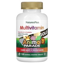 NaturesPlus Source of Life Animal Parade 골드 어린이용 츄어블 종합비타민 & 미네랄 보충제 여러 가지 맛 동물 모양 120정, 60개, 내추럴 체리