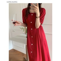 LONGKANG 레드 스퀘어넥 원피스 여성 프렌치 롱스커트