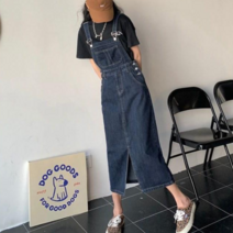 여성 데일리룩 데님 청치마 멜빵 롱스커트