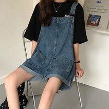 여성 귀여운 느낌 롤업 멜빵 반바지 여름 캐주얼 팬츠 점프수트 여자 멜빵바지 청멜빵바지