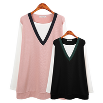 허밍퍼플 여성용 3696-팝 V 컬러 테입 T 빅사이즈 배색 긴팔 긴소매 라운드 간절기 힙을 덮는 가을 큰언니 여성의류