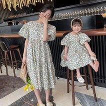 해외피크닉 여름 여아 반팔 원피스 퍼프 잔꽃 루즈핏 코튼 엄마랑딸 커플원피스 2컬러