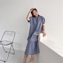 여자 퍼프 반팔 고방 깅엄 체크 일자 박시 롱원피스
