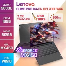 레노버 아이디어패드 Slim5 Pro 14ACN 라이젠7 MX450 온라인수업 주식 게임 고성능 영상편집용 저가 업무용 학생 가성비 노트북, 82L700HWKR, WIN10 Pro, 16GB, 512GB, 스톰 그레이