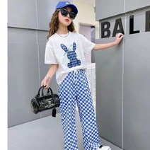 CIUUC 소녀 세트 여름 한국 바둑판 그물 레드 와이드 다리 바지 소녀 면화 느슨한 코트 어린이 투피스 세트