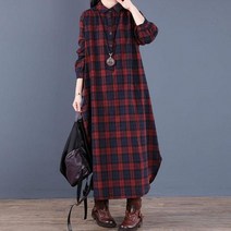 체크무늬 원피스 봄 레트로 체크 포켓는 카라 긴팔 드레스 턴다운 루즈핏 싱글 여성