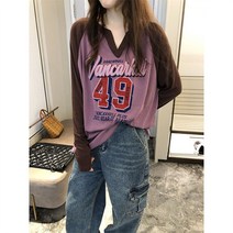SJW 여성 래글런 티셔츠 브이넥 배색 슬림핏 긴팔티 프린팅티 풀오버 봄가을 상의 빅사이즈