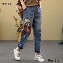 BestStar 봄 여름 가을 캐주얼 귀여운 소녀 캐릭터 자수 빈티지 밴딩 데님팬츠 NC-082302