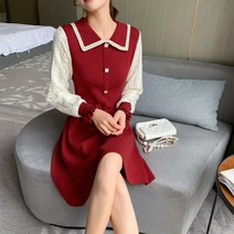 【DF】진짜 총 가을과 겨울 프랑스어 달콤한 인형 칼라 라인 슬리밍 니트 드레스 중간 길이 스웨터 기본 드레스