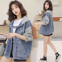 유니쿰 여성 청자켓 데님 점퍼 아우터 후드 오버핏 레이어드 upw68