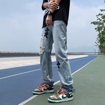 하이 스트리트 찢어진 청바지 남성용 지퍼 디자인 유럽과 미국의 하이 스트리트 레트로 워싱 바이브 조수 브랜드 여름 바지
