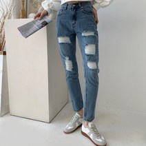 [즈본] 여자 뒷밴딩 구제 배기진 찢어진 청바지 워싱 데님 팬츠