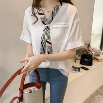 이유무무 여성 쉬폰 스카프 반팔 셔츠 블라우스