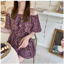 오프숄더 숏 점프수트 퍼플 베이지