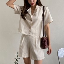 쉬즈미 (TRS-1335)린넨 반팔 크롭자켓 반바지 세트 (7100718)
