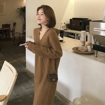 요모조모 1549 여성 겨울 브이넥 후드 니트 롱 원피스