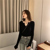 긴팔 이너셔츠 브이넥 블랙 이너티셔츠 여성 겨울 가을 슬림 위에 있다 옷 소매 스키니핏 이니트 1414144303