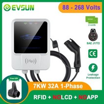 전기차충전 EVSUN EV 충전 스테이션 A 전기 자동차 충전기 EVSE 월박스 월마운트 SAE J12 타입 1 케이블 앱 제어 12KW, 7KW RFID No(LCD App)