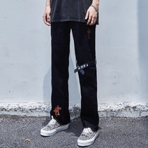 힙패션 그런지룩 힙합 스타일 힙한 일자 와이드 자수 블랙 바지 팬츠 스트릿 레트로 스트레이트 루즈핏
