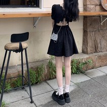 프렌치 티 멈추다 작은 키커 보이는 허리보정 등트임 블랙 벌룬소매 점프슈트 여성 순욕 A라인 여름 12 스카이 안 출하함