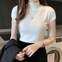 베이직 니트 오피스룩 티셔츠 얇은 반팔 반목 여성 꾸안꾸패션 데일리룩 슬림