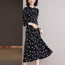 넷투넷코리아 여성 라운드넥 쉬폰 도트 롱 원피스 루즈핏 데일리룩