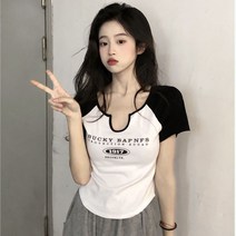반팔티셔츠디자인 아메카지스타일 걸스 t셔츠 여름 2022 패치워크 블러킹 슬림핏 정견 상의 4992367194