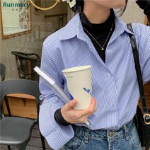 런메시Runmecy 여성 오버핏 스트라이프 셔츠 루즈핏 셔츠 박사이즈 남방 롱 블라우스