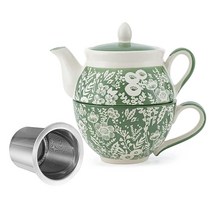 Taimei Teatime 세라믹 차 1세트 인퓨저 및 컵 세트가 있는 425.2g(15온스) 찻주전자 1인용 녹색 찻주전자 세트 잎차 메이커 세트 여성 남성 사무실 가정, Green