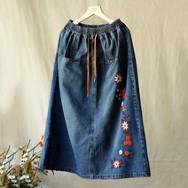 도오빠 베노츠SA 여성 청 치마 플라워 자수 스커트 데님 허리 밴딩 여자청치마 프리사이즈 의류