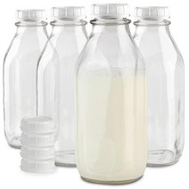 Stock Your Home Liter 뚜껑이 있는 유리 우유 병 (4팩) 946.4ml(32온스) 저그 화이트 캡 8개 냉장고용 재사용 가능한 식품 등급 용기 주스 귀리 또, 4, 64 oz