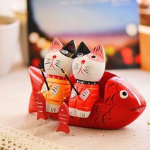 크래프트센터 물고기 벤치 위 낚시하는 고양이 세트 카페 인테리어 데코 소품, 화이트 벤치+고양이 패밀리