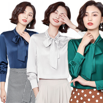 여성 실크 리본 긴팔 블라우스 오피스룩 상의 V넥셔츠