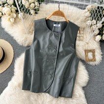 COMIRST 여성 가죽 조끼 추동 아우터 패션 레이어드 상의 나시시 FC5053