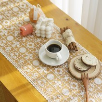 바이지미 스퀘어 플라워 레이스 테이블러너 협탁 식탁 장식 러너, 연베이지, 2인(130x25cm)