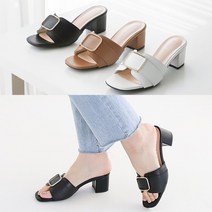 벨루치슈즈 여성 수제화 국내제작 천연소가죽 사각 큐빅 스트랩 5cm 통굽 미들힐 뮬 샌들 슬리퍼