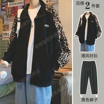 힙합점퍼 호피 패치워크 코트 남자 트렌드 건달카리스마 봄가을 계절 와이드 루즈핏 캐주얼상의 2688648469, JK07 블랙 _블랙 바지 M
