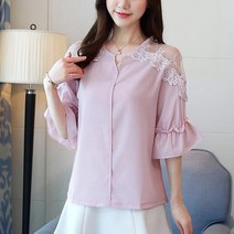 여성 오픈레이스 프릴소매 큐티블라우스 여름블라우스