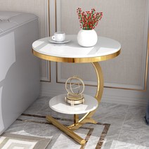 대리석사이드테이블 모서리테이블 모던심플 거실 티테이블 미니 쇼파주변수납장 베란다 작은테이블 원형 아이디어, T15-골드색프레임 화이트우드 밑